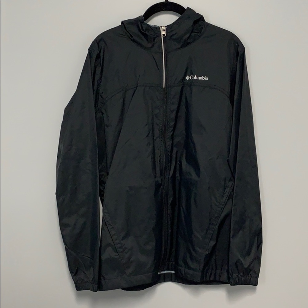 Black hooded rain jacket